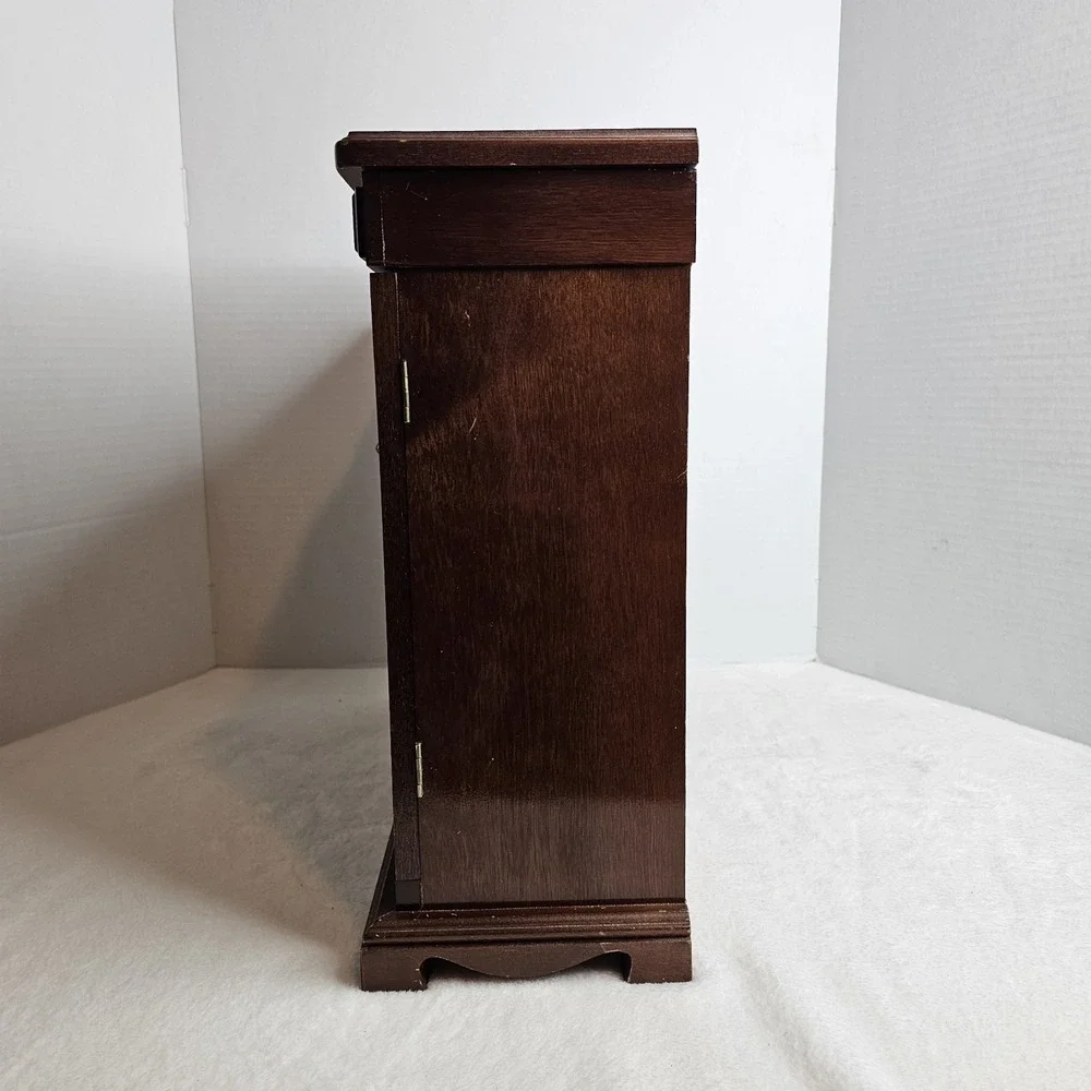 Vintage Wood Jewelry Box Brown Velvet Lined Mirror 5 Drawers Glass Doors
